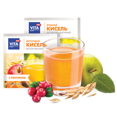 VitaPRO Специализированный продукт для диетического профилактического питания -концентрат сухой напитка "ЛЕОВИТ" серии "Напитки при вредных условиях труда". Кисель с пектином фруктоваый/ягодный детоксикационный. Для замены молока, пакет 20гр фото, изображение, баннер